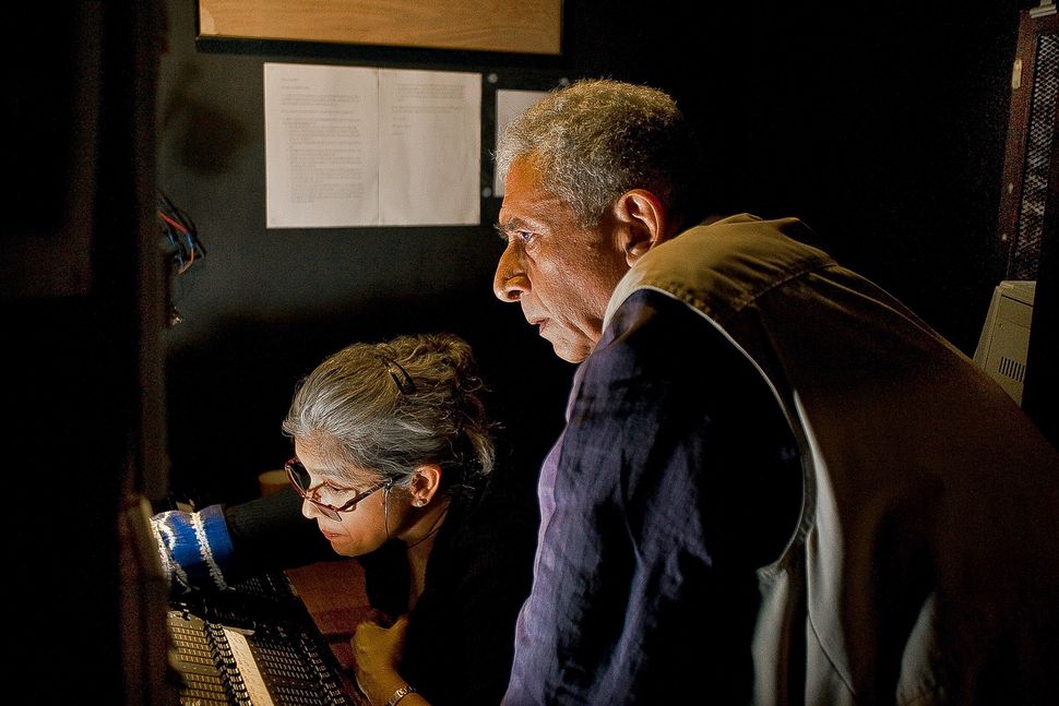 Naseeruddin Shah and Ratna Pathak Shah in lighting booth during rehearsal at Prithvi Theater.