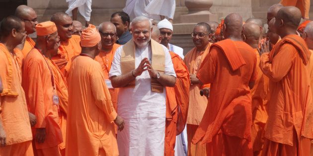 A file photo of Prime Minister Narendra Modi during his visit to Belur Math. The Prime Minister sat near the slippers of Swami Vivekananda to meditate in the 19th century philosopher-saint's room at the math for around 15 minutes.