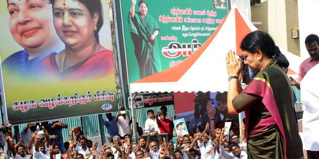 General secretary of southern Tamil Nadu state's ruling All India Anna Dravida Munnetra Kazhagam (AIADMK), VK Sasikala gestures to cadres on her arrival to take up office at the AIADMK headquarters in Chennai on December 31, 2016.VK Sasikala was elected as the general secretary of southern Tamil Nadu state's ruling All India Anna Dravida Munnetra Kazhagam (AIADMK) after its chief, Jayalalithaa -- popularly known as 'Amma' or mother -- died aged 68 on December 5. / AFP / ARUN SANKAR (Photo credit should read ARUN SANKAR/AFP/Getty Images)