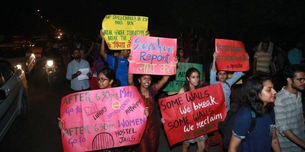 NEW DELHI, INDIA - SEPTEMBER 23: Pinjra Tod, a women collective body across universities, organise a night march in the North Campus of Delhi University on September 23, 2016 in New Delhi, India.