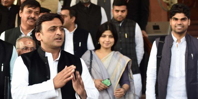 Uttar Pradesh Chief Minister Akhilesh Yadav with his wife Dimple Yadav and other state MPs during the Winter Session at Parliament.