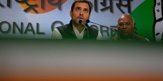 India's Congress Party vice-President Rahul Gandhi (C) addresses a press conference during the party's foundation day celebrations in New Delhi on December 28, 2016. The party celebrated its 131st foundation day during an event at its headquarters in the Indian capital / AFP / CHANDAN KHANNA (Photo credit should read CHANDAN KHANNA/AFP/Getty Images)