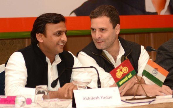 LUCKNOW, INDIA - JANUARY 29: Uttar Pradesh chief minister and Samajwadi Party president Akhilesh Yadav and Congress vice president Rahul Gandhi during a joint press conference, on January 29, 2017 in Lucknow, India. Gandhi said the alliance was for three Ps (progress, prosperity and peace) to which SP president and UP chief minister Akhilesh Yadav added the last P (people). Akhilesh said, 'There is not much difference in ages between us and today is the beginning. Rahul and I will take the state ahead on the path of prosperity.' (Photo by Ashok Dutta/Hindustan Times via Getty Images)