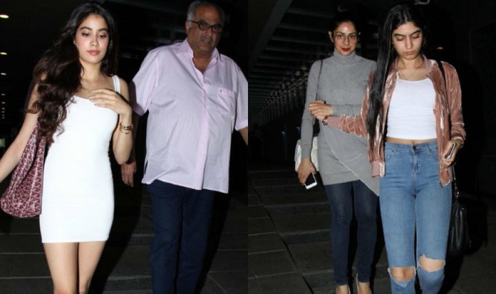 Jahanvi and Khushi Kapoor with their father Boney Kapoor and mother Sridevi.