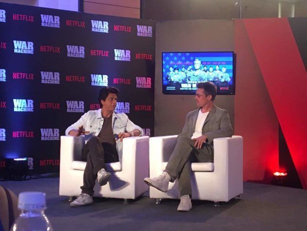 Brad Pitt speaking to Shah Rukh Khan in Mumbai on 24 May, 2017.
