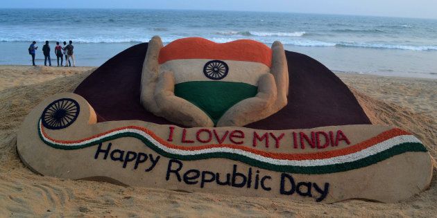 A sand sculpture is seen, creating by Indian sand artist Sudarshan Pattnaik on the eve of Republic Day celebration at Puri on the eastern cost of Bay of Bengal Sea on Wednesday, on January 25, 2017.