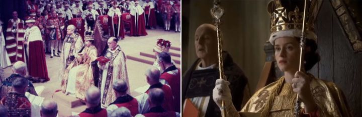 Art imitating life: an image of Queen Elizabeth's coronation alongside the Netflix recreation.