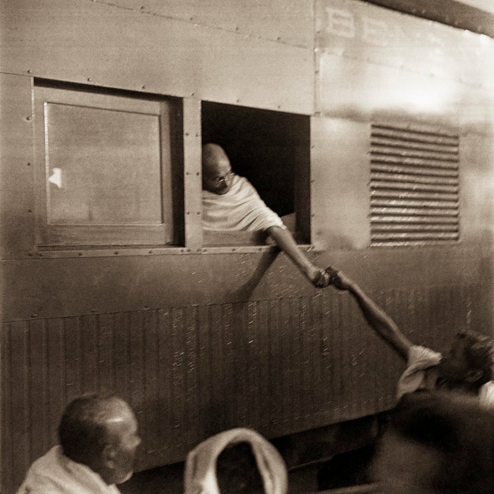 Mahatma Gandhi collecting donations for the Harijan Fund during his train journey to Bengal, Assam and South India, November 1945 - January 1946.