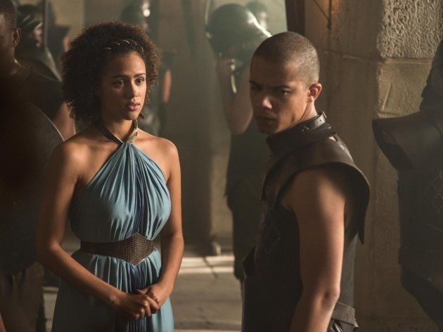 Missandei and Grey Worm, played by Nathalie Emmanuel and Jacob Anderson.