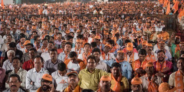 MUMBAI, INDIA - FEBRUARY 18: Shiv Sena supporters during an election rally of Uddhav Thackeray for the upcoming BMC elections at BKC Ground, Bandra, on February 18, 2017 in Mumbai, India.