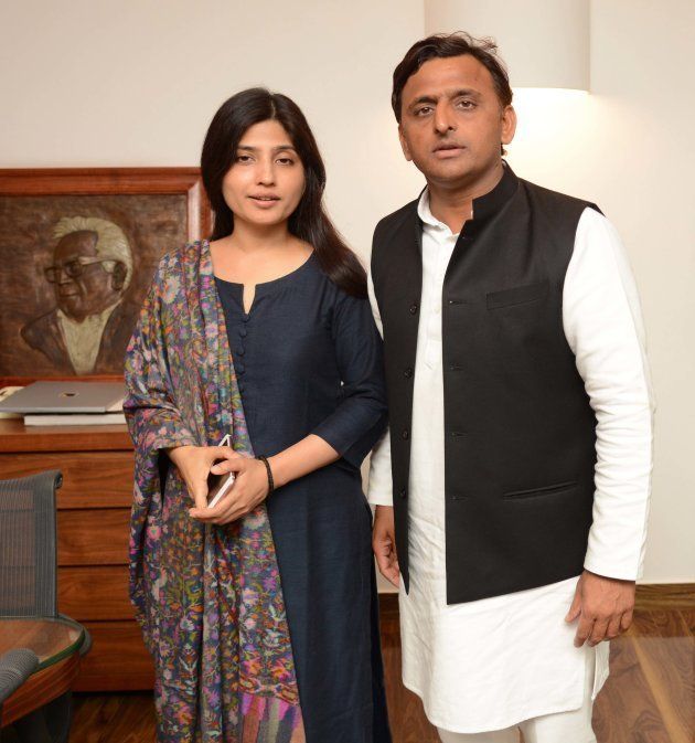 (This is an exclusive image of Hindustan Times) Uttar Pradesh Chief Minister Akhilesh Yadav with his wife and Samajwadi Party MP from Kannauj Dimple Yadav during an exclusive interview with Hindustan Times, at their official residence, 5 KD Marg, on February 16, 2017 in Lucknow, India.