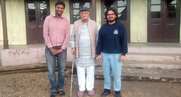 Natwarbhai Thakkar (center) with visitors at the Gandhi Ashram in Chuchuyimlang village in Nagaland
