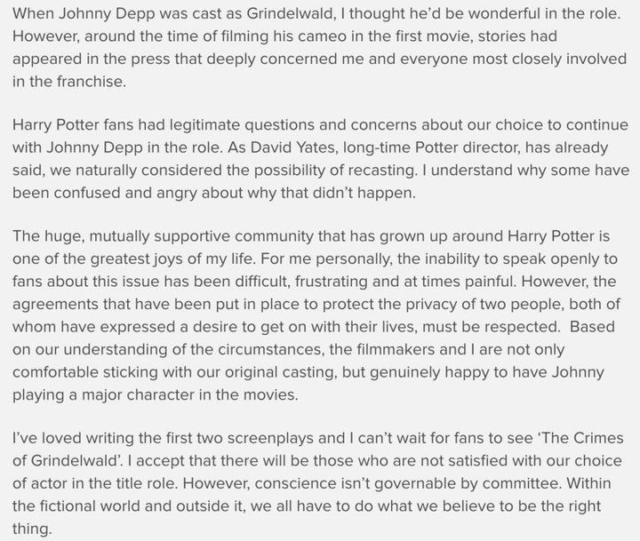 JK Rowling's statement on Johnny Depp's inclusion in the Fantastic Beasts series.