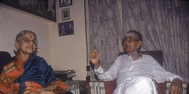 MS Subbulakshmi and her husband T Sadasivam sitting in their drawing room.