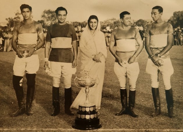 Maharani Gayatri Devi & Polo Team Polo tournament on the field of Rambagh Palace in Jaipur, India. (Photo by David LEFRANC/Gamma-Rapho via Getty Images)