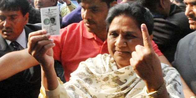 LUCKNOW, INDIA - FEBRUARY 19: Bahujan Samaj Party Chief Mayawati after casting her vote at Lucknow Mont. Inter College, Purana Qila, on February 19, 2017 in Lucknow, India. The third phase of polling in Uttar Pradesh ended on Sunday in 69 assembly constituencies. (Photo by Dheeraj Dhawan/Hindustan Times via Getty Images)