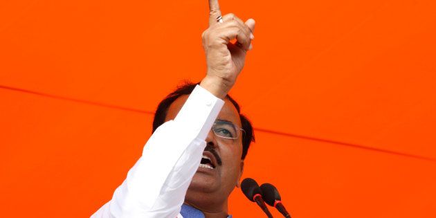 Keshav Prasad Maurya, the Uttar Pradesh state's president for the ruling Bharatiya Janata Party (BJP), gestures as he addresses an election campaign rally in Bah, in the central state of Uttar Pradesh, India, February 2, 2017.