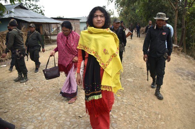 Indian human rights activist and election candidate Irom Sharmila (C) takes part in her final day of election campaigning for the second phase of assembly elections in Thoubal district of Manipur on March 6, 2017.