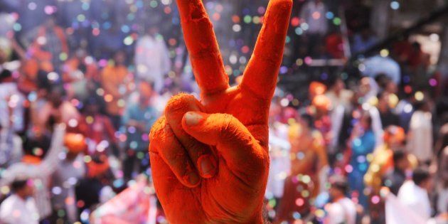 BJP supporters and workers celebrating after landslide victory in Uttar Pradesh and Uttarakhand assembly elections at BJP office, on March 11, 2017 in Lucknow, India.