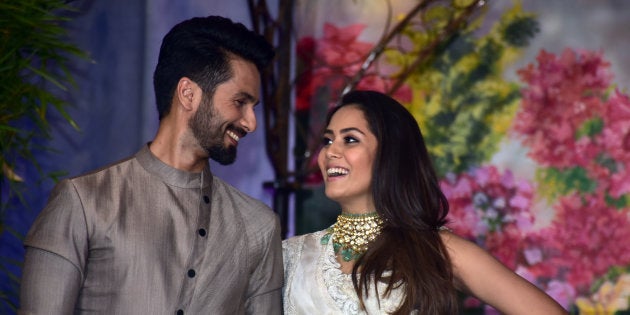 MUMBAI, INDIA - 2018/05/08: Bollywood actor Shahid Kapoor with wife Mira Rajput attend the wedding reception of actress Sonam Kapoor and Anand Ahuja at hotel Leela in Mumbai. (Photo by Azhar Khan/SOPA Images/LightRocket via Getty Images)