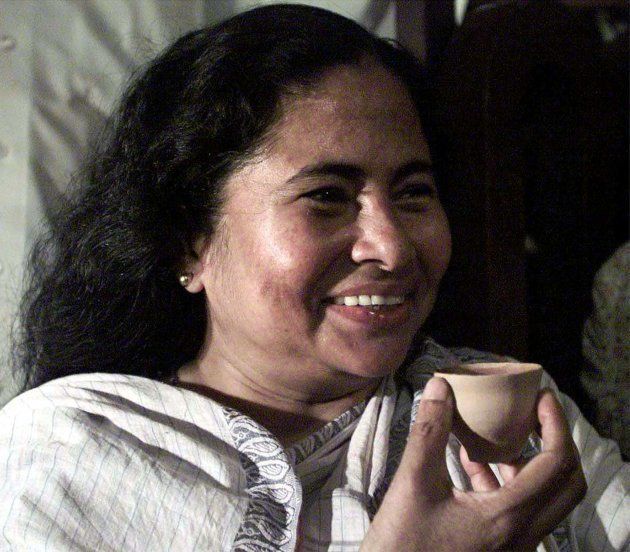 Mamata Banerjee sips tea a day after elections in the eastern Indian city of Calcutta May 11, 2001. Banerjee, the main challenger to the 24-year-old communist regime, said she expected to win the elections although exit polls projected a narrow defeat. JS/CC