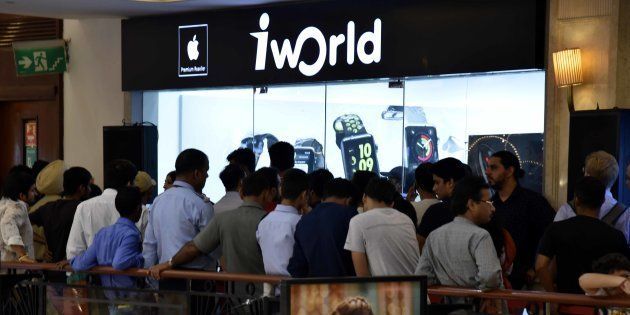 NEW DELHI, INDIA - OCTOBER 7: People standing in queue during the launch of new iphone 7 a