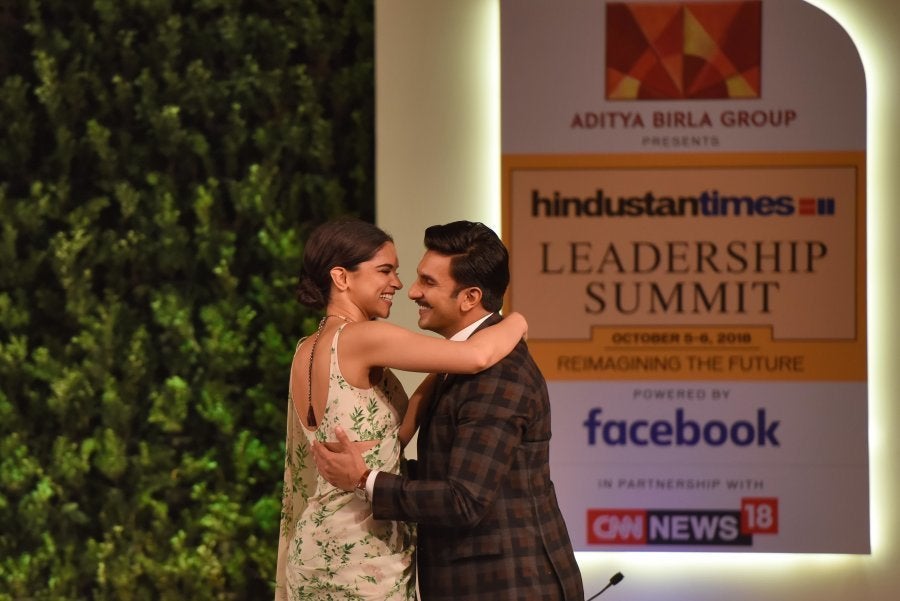 NEW DELHI, INDIA - OCTOBER 5: (EDITOR'S NOTE: This is an exclusive image of Hindustan Times) Bollywood actors Deepika Padukone and Ranveer Singh during a first day of Hindustan Times Leadership Summit (HTLS) 2018 at Taj Palace, on October 5, 2018 in New Delhi, India. (Photo by Burhaan Kinu/Hindustan Times via Getty Images)