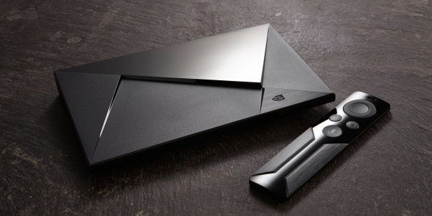 An Nvidia Shield TV device and remote control
