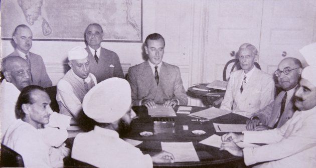 Meeting with the Indian Leaders at the British Viceroy of India's house, 2nd June, 1947. From Lord Mountbatten left, Mr. Jinnah, Mr. Liaquat Ali Khan, Sardar Rab Nishtar, Sardar Baldev Singh, Acharya Kripalani, Sardar Patel and Pandit Nehru.