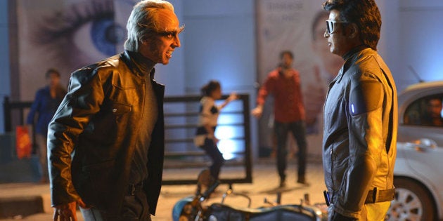 Akshay Kumar and Rajinikanth in a still from '2.0'.