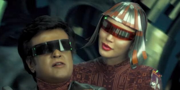 Amy Jackson and Rajinikanth in 2.0