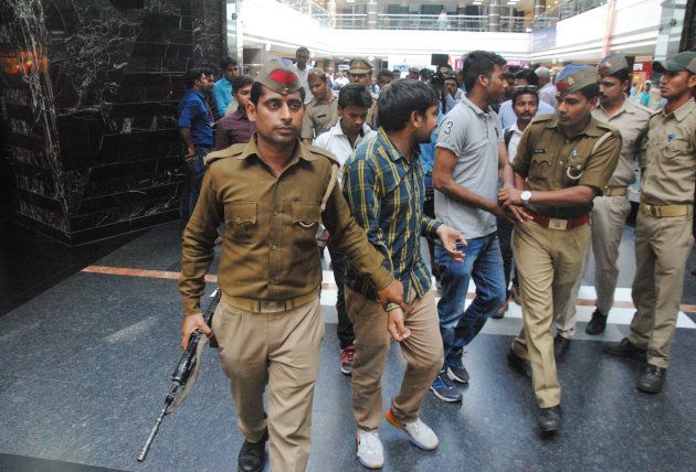 Lucknow Police run an anti-Romeo operation at Saharaganj mall, on March 22, 2017 in Lucknow, India.