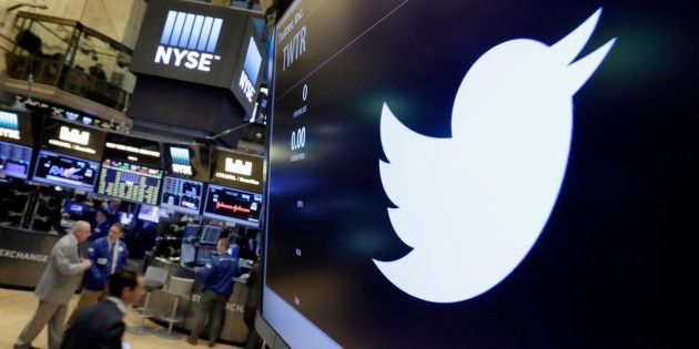 FILE - In this July 27, 2016, file photo, the Twitter symbol appears above a trading post on the floor