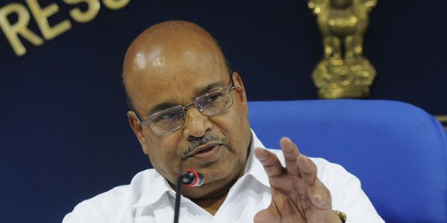 Union Minister for Social Justice and Empowerment Thawar Chand Gehlot addresses a press conference on completion of 100 days of his ministry at Shashtri Bhawan on September 16, 2014 in New Delhi, India.