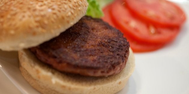 The first hamburger made entirely from cell cultured beef, made up of 20,000 muscle strands grown individually in Dr. Mark Post’s laboratory at Maastricht University.