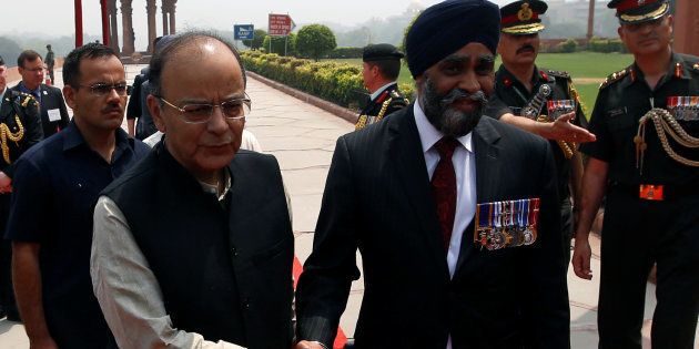 Indian Defence Minister Arun Jaitley with his Canadian counterpart Harjit Sajjan.