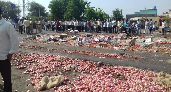 Farmers protested and threw away their onion harvest as prices crashed. (Photo by Atul Deulgaonkar)