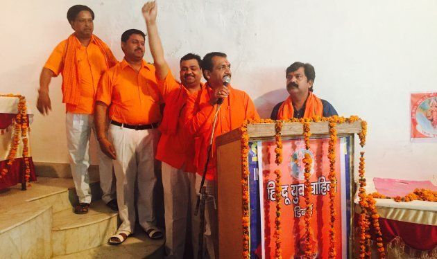 HYV's Nagendra Singh Tomar addresses a meeting in Bulandshahr.