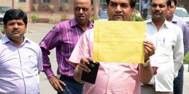 Sacked AAP Minister Kapil Mishra outside ACB (Anti Corruption Branch) office, on May 8, 2017 in New Delhi, India.