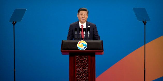 BEIJING, CHINA - MAY 14: Chinese President Xi Jinping speaks during the opening ceremony of the Belt and Road Forum at the China National Convention Center (CNCC) in Beijing, Sunday, May 14, 2017.