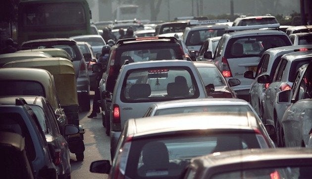 Rush hour traffic jam in an Indian city.