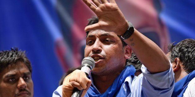 Chandrashekhar, founder of Bhim Army, addressing the crowds during the protest against injustice towards Dalits in Saharanpur, at Jantar-Mantar, on May 21, 2017 in New Delhi, India.