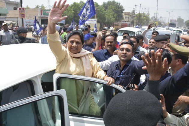 BSP Supermo Mayawati in attempt to regain lost political ground on way to Shaharanpur following recent clash involving dalits and upper caste at Murad Nagar on May 22, 2017 in Ghaziabad, India. (Photo by Sakib Ali/Hindustan Times via Getty Images)