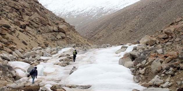 The artificial glacier melts and flows towards Nang village in May, fulfilling the village’s water needs.