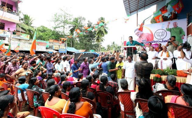 Kerala film actor Suresh Gopi campaigning for BJP candidate O Rajagopala at Aruvikkara By- Election on June 25, 2015 in Trivandrum, India.