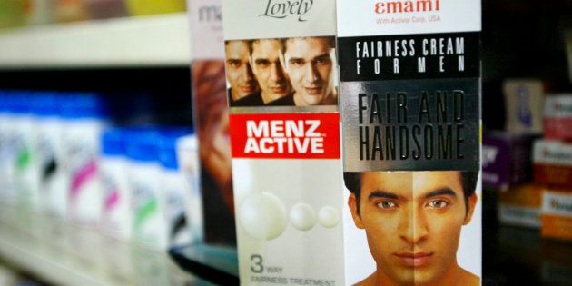Fair and Lovely Menz Active and Fair and Handsome Fairness Cream for Men are displayed at the Anand General Store in Khan Market in New Delhi, India, on Tuesday, October 31, 2006.