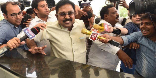 AIADMK leader T. T. V. Dinakaran arrives to appear before Delhi Police for questioning in connection with an alleged attempt to bribe an Election Commission official for retaining the two leaves party symbol and the related money trail, at airport T3, on April 22, 2017 in New Delhi, India.