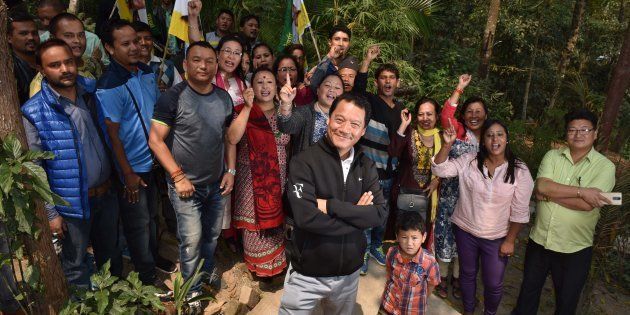 Bimal Gurung, supremo of Gorkha Janmukti Morcha and Chief Executive of Gorkhaland Territorial Administration, with GJM supporters at Kalimpong. (Photo By Indranil Bhoumik/Mint via Getty Images).