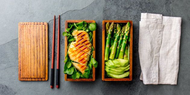 Balanced healthy lunch of grilled chicken and avocado with asparagus and green salad.