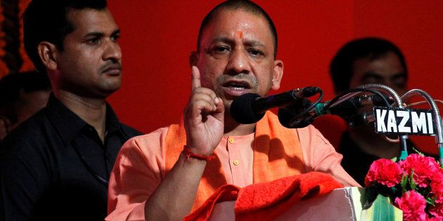 Yogi Adityanath, Chief Minister of India's most populous state of Uttar Pradesh, addresses the audience after inaugurating power projects in Allahabad, India, June 4, 2017.